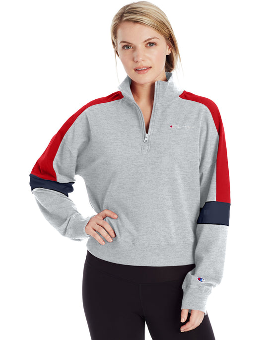 Champion Womens Campus French Terry Quater Zip With Taping, L, Black