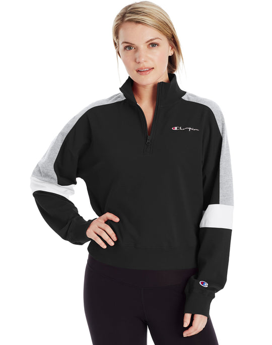 Champion Womens Campus French Terry Quater Zip With Taping, L, Black