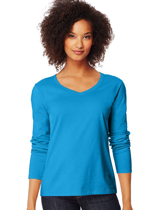 Hanes Women`s Long-Sleeve V-Neck T-Shirt